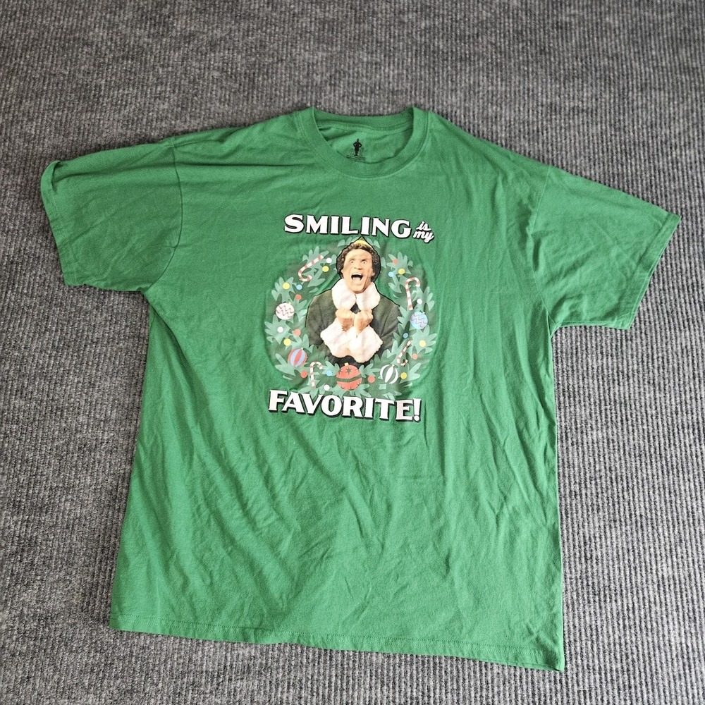 Elf Smiling Is My Favorite Shirt Mens XL Green Christmas Buddy Santa Holiday Tee